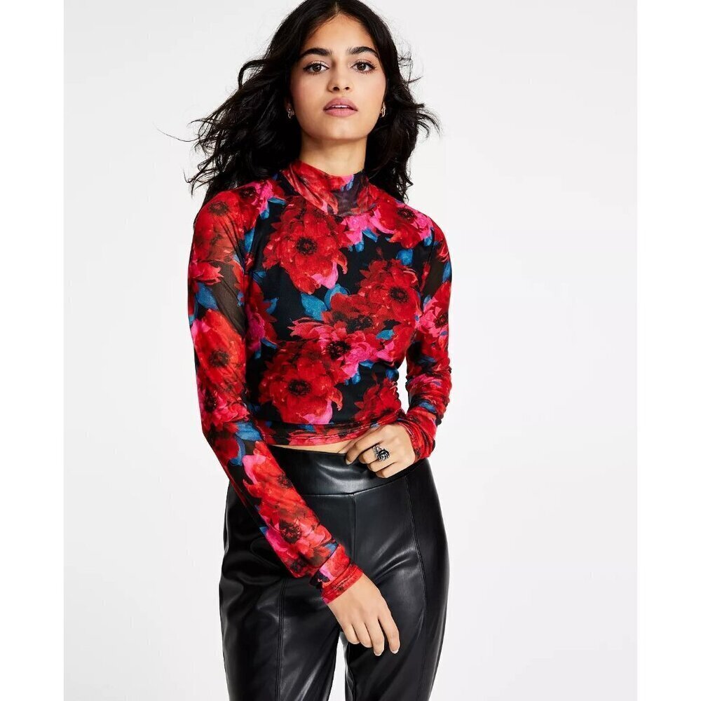 Bar III Womens Size XS Floral-Print Mesh Mock-Neck Tie-Back Top in Red $49 1575